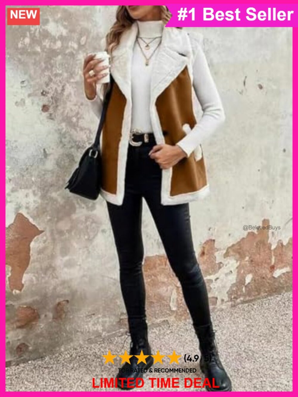 Suede Faux Fur Vest Sleeveless Fleece Lined Notch Lapel Casual Outerwear - Picture 4 of 5